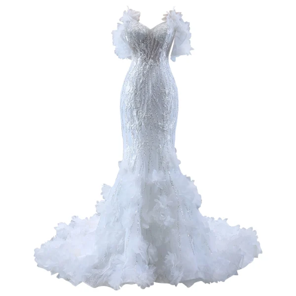 Haut de Gamme Sexy Blanche Volants en Cascade Paillettes En Dentelle Fleur Robe De Mariée 2023 Trompette / Sirène Bretelles Spaghetti Manches Courtes Dos Nu Mariage