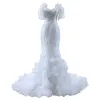 High-end Sexy White Cascading Ruffles Sequins Lace Flower Wedding Dresses 2023 Trumpet / Mermaid Spaghetti Straps Short Sleeve Backless Wedding