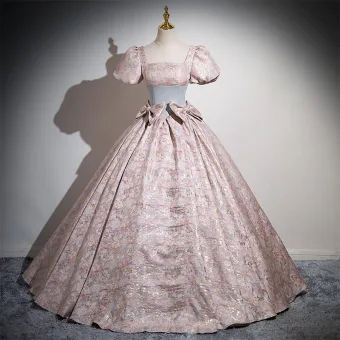 Charmant Rougissant Rose Noeud Impression Satin Robe De Bal 2025 Robe Boule Encolure Carrée Gonflée Manches Courtes Dos Nu Longue Promo Robe De Ceremonie