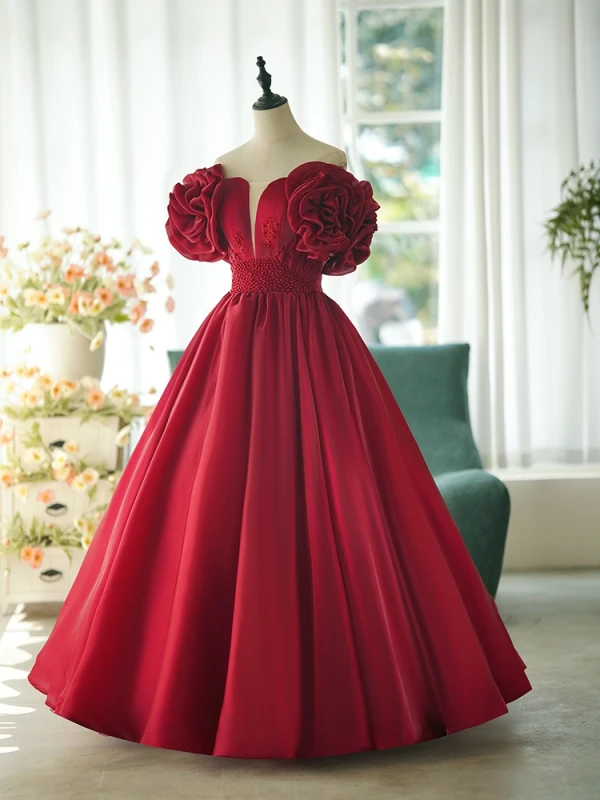 Vintage / Retro Burgundy Flower Short Sleeve Prom Dresses 2024 A-Line / Princess Off-The-Shoulder Backless Floor-Length / Long Prom Formal Dresses