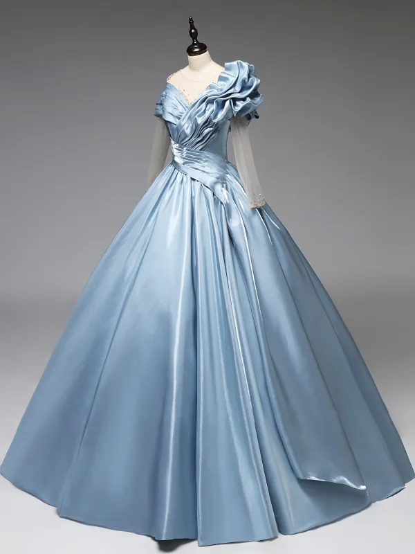 Elegant Sky Blue Sequins Prom Dresses 2025 Ball Gown Scoop Neck Long Sleeve Backless Floor-Length / Long Formal Dresses