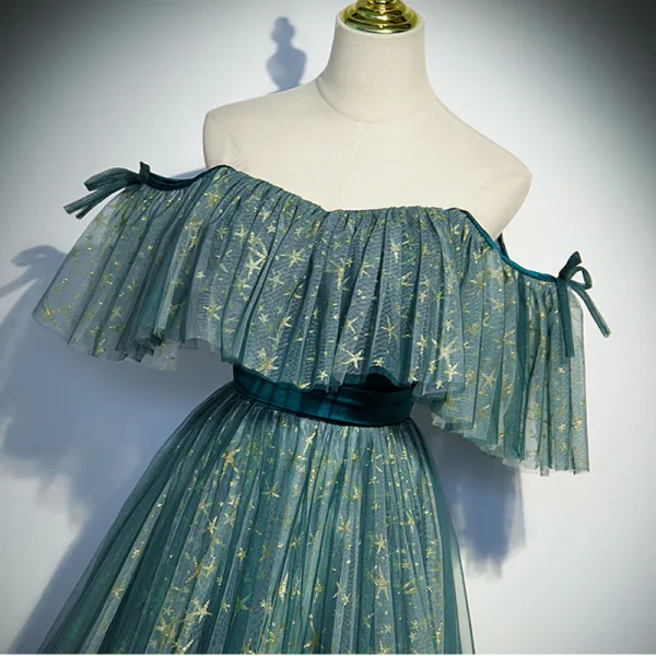 Chic / Beautiful Jade Green Prom Dresses 2022 A-Line / Princess Off-The-Shoulder Star Sequins Short Sleeve Backless Sash Floor-Length / Long Formal Dresses