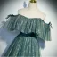 Chic / Beautiful Jade Green Prom Dresses 2022 A-Line / Princess Off-The-Shoulder Star Sequins Short Sleeve Backless Sash Floor-Length / Long Formal Dresses