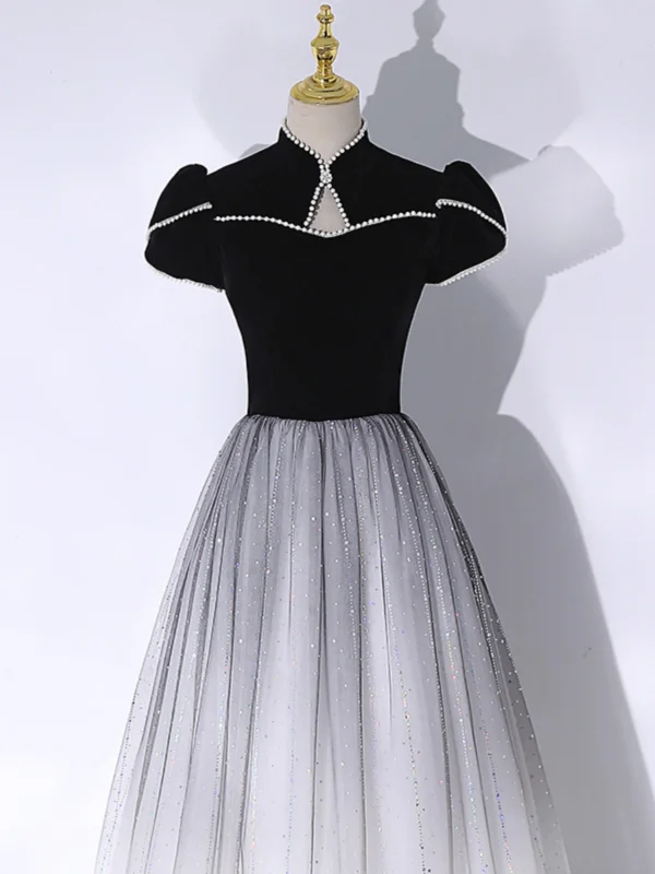 Chinese style Black Pearl Floor-Length / Long Formal Dresses 2024 A-Line / Princess High Neck Cap Sleeves Prom Prom Dresses