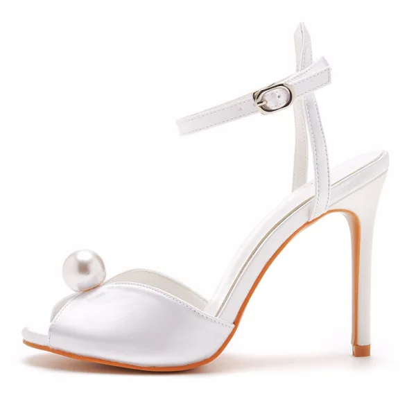 Elegant White Pearl Wedding Shoes 2023 Ankle Strap 10 cm Stiletto Heels Open / Peep Toe Wedding Sandals High Heels