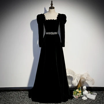 Elegante Zwarte Winter Suede Avondjurken 2023 A Lijn Vierkante Halslijn Ruglooze Rhinestone Gordel Lange Mouwen Lange Avond Gelegenheid Jurken
