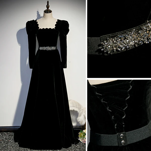 Elegante Schwarz Winter Wildleder Abendkleider 2023 A Linie Eckiger Ausschnitt Rückenfreies Strass Stoffgürtel Lange Ärmel Lange Abend Festliche Kleider