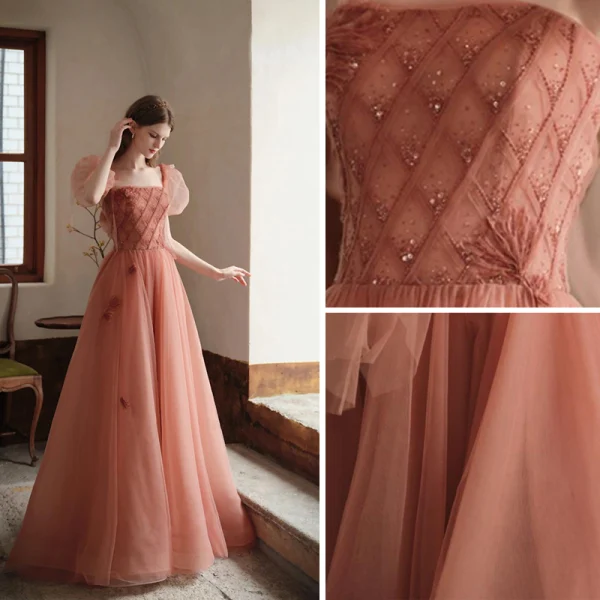 Chic / Beautiful Blushing Pink Prom Dresses 2022 A-Line / Princess Square Neckline Puffy Short Sleeve Backless Floor-Length / Long Prom Formal Dresses