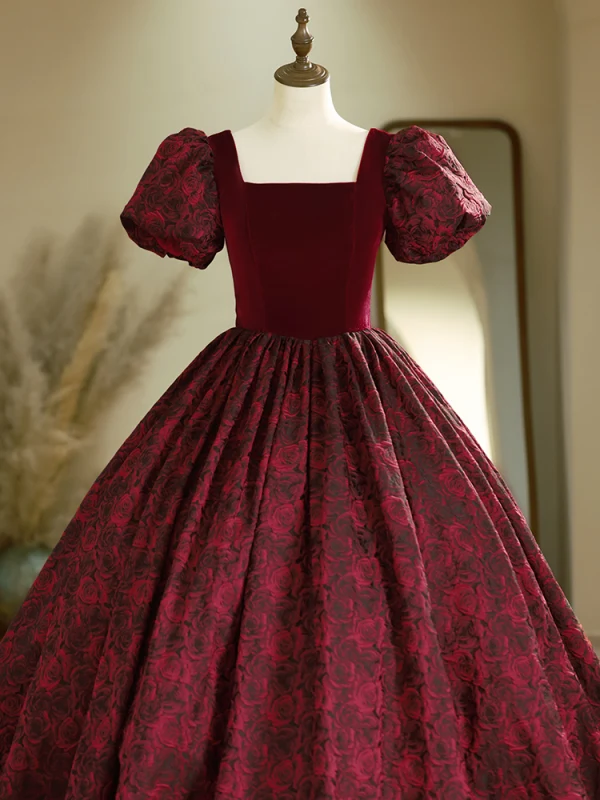 Elegant Burgundy Rose Printing Satin Prom Dresses 2024 Ball Gown Square Neckline Puffy Short Sleeve Backless Floor-Length / Long Prom Formal Dresses