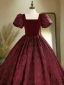 Elegant Burgundy Rose Printing Satin Prom Dresses 2024 Ball Gown Square Neckline Puffy Short Sleeve Backless Floor-Length / Long Prom Formal Dresses