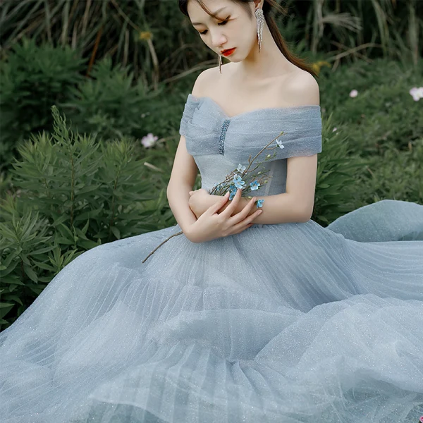 Modest / Simple Sky Blue Glitter Prom Dresses 2022 A-Line / Princess Off-The-Shoulder Short Sleeve Backless Floor-Length / Long Prom Formal Dresses