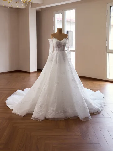 Luxe Blanche Fait Main Paillettes En Dentelle Fleur Robe De Mariée 2026 Robe Boule De L Épaule Manches Longues Dos Nu Chapel Train