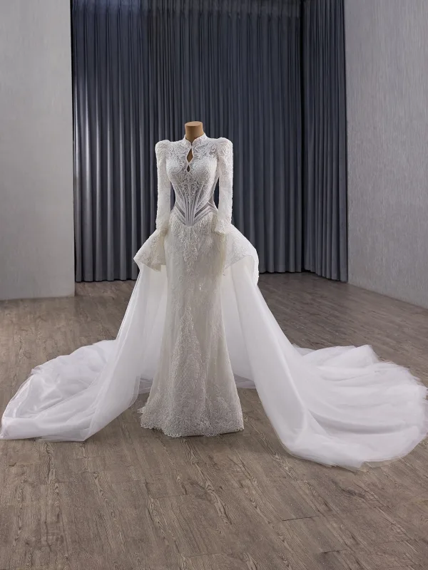 Luxury / Gorgeous White Handmade  Beading Sequins Lace Flower Wedding Dresses 2025 Trumpet / Mermaid High Neck Long Sleeve Backless Royal Train Wedding