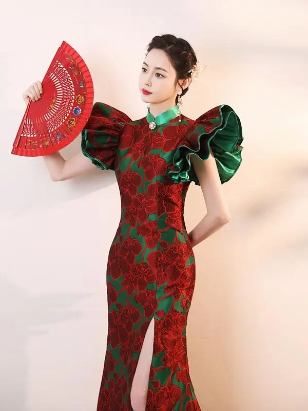 Chinese style Burgundy Printing Evening Party Cheongsam 2026 Trumpet / Mermaid High Neck Puffy Short Sleeve Sweep Train