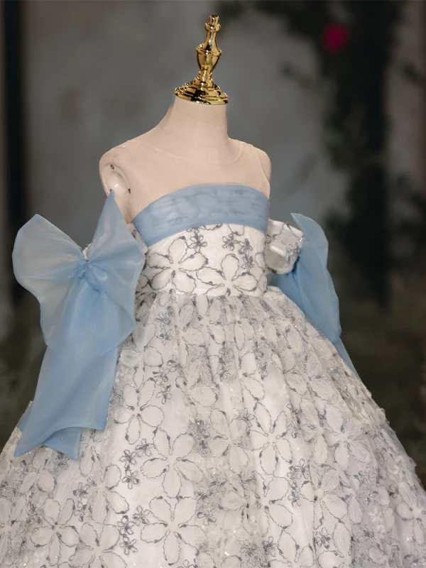 Chic / Beautiful Sky Blue Beading Birthday Flower Girl Dresses 2024 Ball Gown Strapless Sleeveless Bow Backless Floor-Length / Long