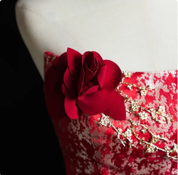 Exquis Rouge Jacquard Robe De Soirée 2026 Princesse Bustier Sans Manches Dos Nu