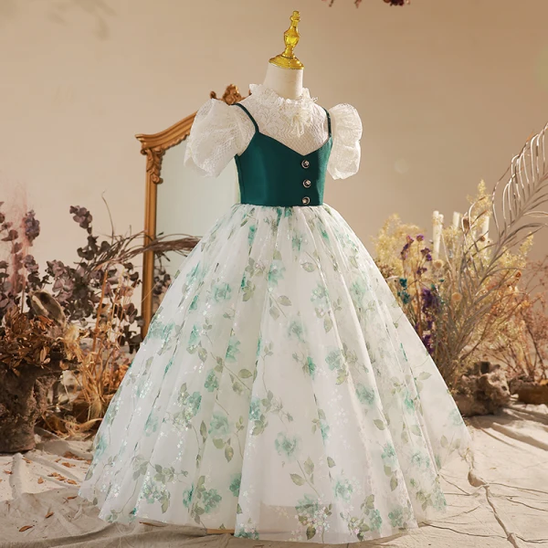 Chic / Belle Vert Foncé Floral Promo Robe Ceremonie Fille 2022 Robe Boule Col Haut Perlage Perle En Dentelle Fleur Gonflée Manches Courtes Longue Robe Ceremonie Fille