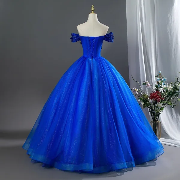 Vintage Königliches Blau Perlenstickerei Applikationen Ballkleider 2026 Ballkleid Off Shoulder Kurze Ärmel Rückenfreies Lange Festliche Kleider