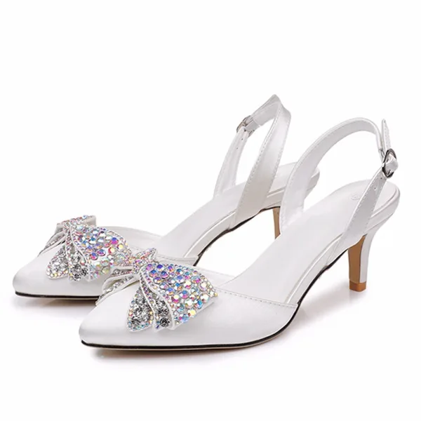 Charming White Rhinestone Bow Evening Party Womens Sandals 2026 6 cm Stiletto Heels Pointed Toe Sandals High Heels