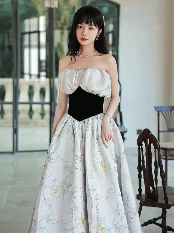 Charming Grey Floral Evening Dresses 2022 A-Line / Princess Off-The-Shoulder Sleeveless Backless Floor-Length / Long Evening Party Formal Dresses