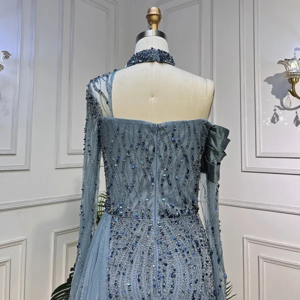 High End Blau Handgefertigt Perlenstickerei Pailletten Gespaltete Front Abendkleider 2024 Meerjungfrau Stehkragen Lange Ärmel Rückenfreies Lange Abend Festliche Kleider
