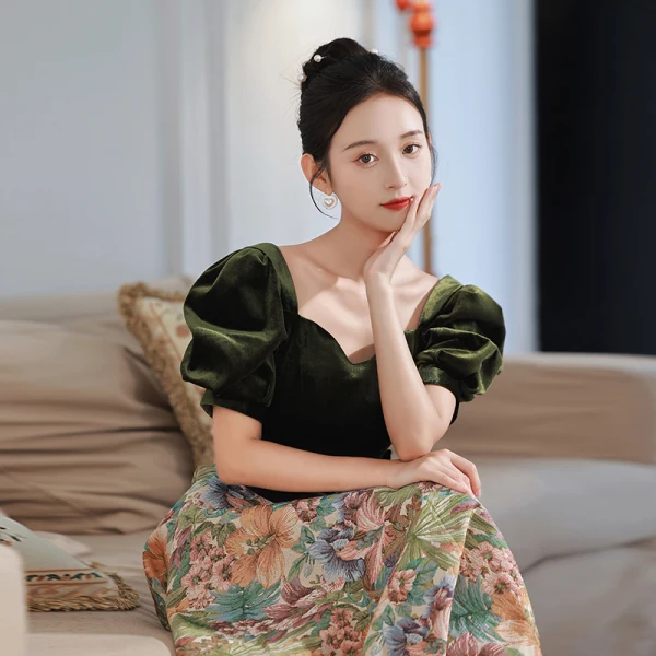 Elegant Dark Green Printing Prom Dresses 2022 A-Line / Princess Square Neckline Puffy Short Sleeve Backless Bow Sash Floor-Length / Long Prom Formal Dresses