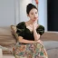 Elegant Dark Green Printing Prom Dresses 2022 A-Line / Princess Square Neckline Puffy Short Sleeve Backless Bow Sash Floor-Length / Long Prom Formal Dresses