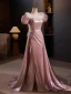 Élégant Rougissant Rose Robe De Bal 2024 Trompette / Sirène Encolure Carrée Gonflée Manches Courtes Dos Nu Train De Balayage Promo Robe De Ceremonie