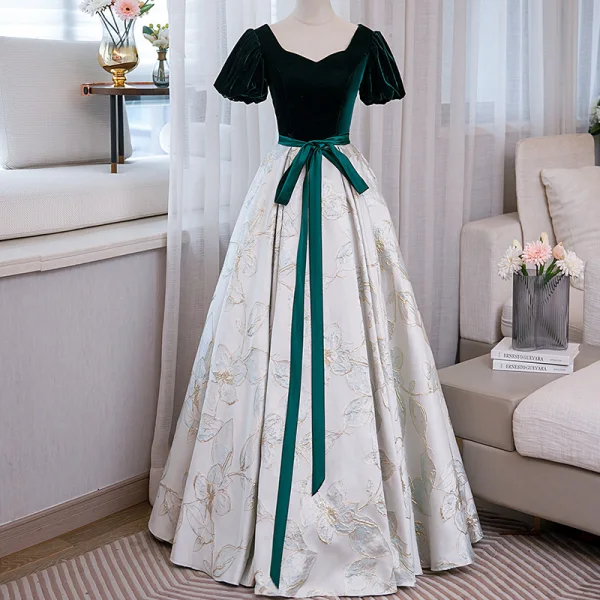 Elegant Dark Green Printing Prom Dresses 2023 Ball Gown Velvet Square Neckline Bow Sash Short Sleeve Backless Floor-Length / Long Prom Formal Dresses