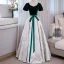Elegant Dark Green Printing Prom Dresses 2023 Ball Gown Velvet Square Neckline Bow Sash Short Sleeve Backless Floor-Length / Long Prom Formal Dresses
