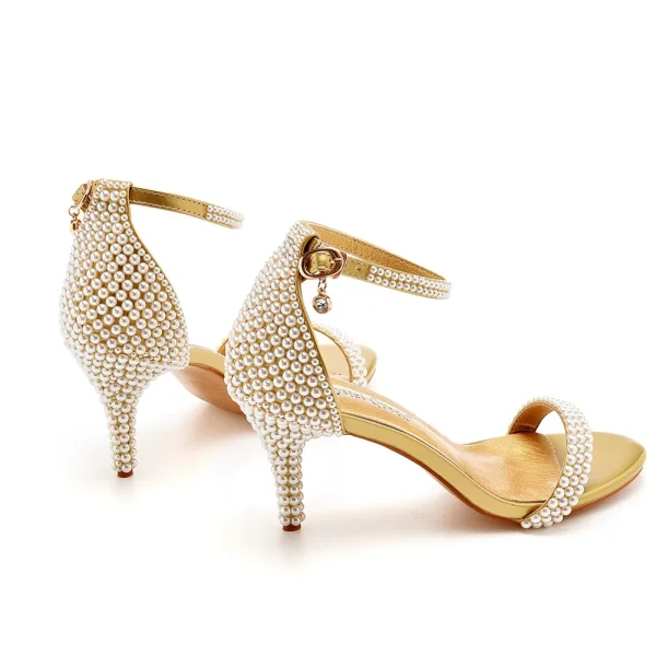 Sexy White Pearl Wedding Shoes 2023 Ankle Strap 7 cm Stiletto Heels Open / Peep Toe Wedding Sandals High Heels