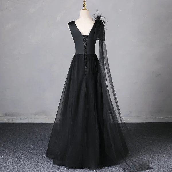 Elegant Black Tassel Appliques Prom Dresses 2024 Backless A-Line / Princess V-Neck Sleeveless Floor-Length / Long Prom Formal Dresses
