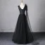 Elegant Black Tassel Appliques Prom Dresses 2024 Backless A-Line / Princess V-Neck Sleeveless Floor-Length / Long Prom Formal Dresses