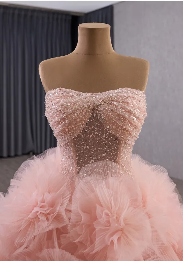 Luxury / Gorgeous Flower Fairy Blushing Pink Handmade  Beading Pearl Sequins Appliques Prom Dresses 2025 Ball Gown Strapless Sleeveless Backless Chapel Train