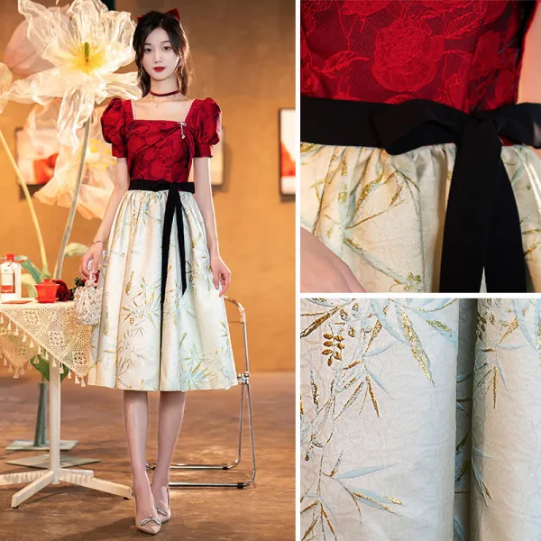 Chic / Belle Bordeaux Robe De Soirée 2022 Princesse Encolure Carrée Manches Courtes Dos Nu Noeud Ceinture Perle Thé Longueur Robe De Ceremonie
