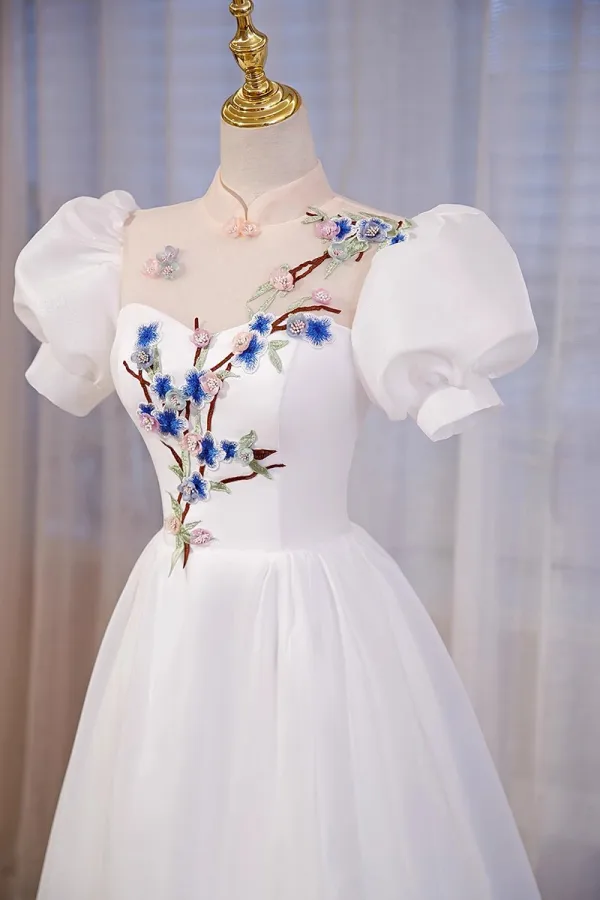 Chinese style Ivory Lace Flower Appliques Cheongsam Evening Dresses Prom Dresses 2023 A-Line / Princess High Neck Puffy Short Sleeve Floor-Length / Long Evening Party Prom