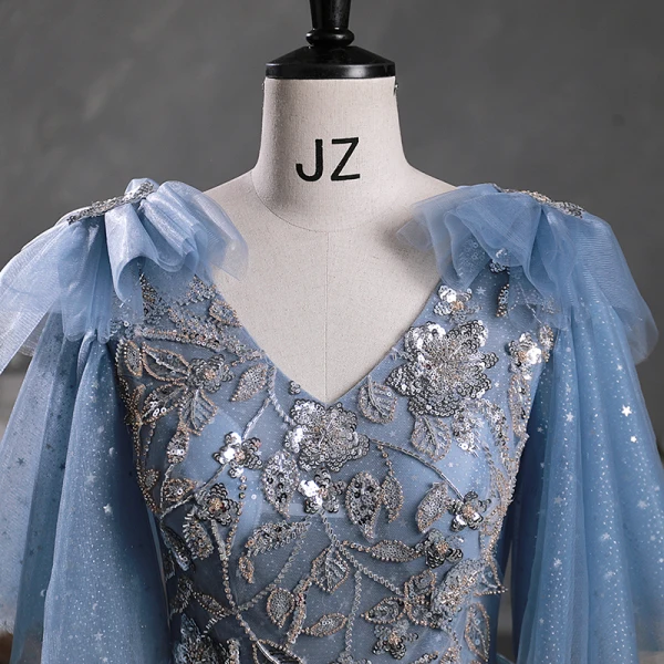 Sparkly Sky Blue Grey Beading Sequins Prom Dresses 2023 Ball Gown V-Neck Short Sleeve Backless Floor-Length / Long Prom Formal Dresses