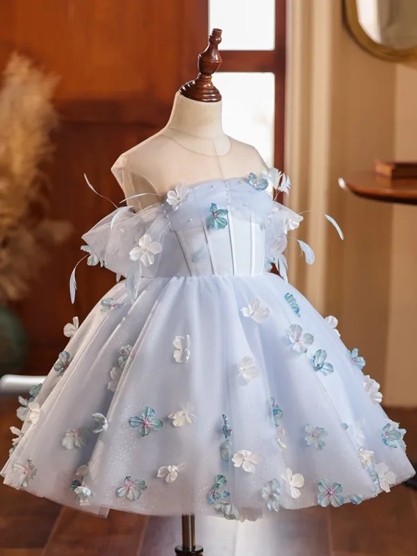 Flower Fairy Sky Blue Appliques Short Birthday Flower Girl Dresses 2024 Ball Gown Scoop Neck Short Sleeve Backless Tulle