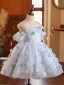 Flower Fairy Sky Blue Appliques Short Birthday Flower Girl Dresses 2024 Ball Gown Scoop Neck Short Sleeve Backless Tulle