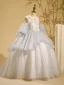Chic / Beautiful Grey Beading Pearl Sequins Cascading Ruffles Birthday Flower Girl Dresses 2024 Ball Gown Scoop Neck Short Sleeve Backless Bow Floor-Length / Long