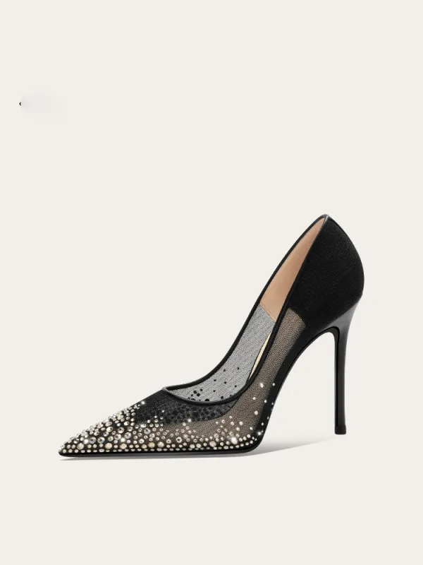 Charming Black See-through Rhinestone Prom Pumps 2025 Leather 10 cm Stiletto Heels Pointed Toe Pumps High Heels