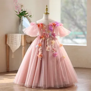 Élégant Rougissant Rose Appliques Anniversaire Robe Ceremonie Fille 2026 Robe Boule De L Épaule Gonflée Manches Courtes Dos Nu Longue Tulle