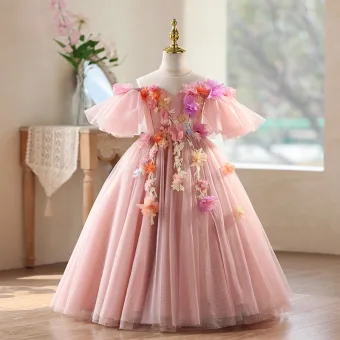 Chic Beautiful Blushing Pink Lace Flower Appliques Birthday Flower Girl Dresses 2026 Ball Gown Scoop Neck Short Sleeve Backless