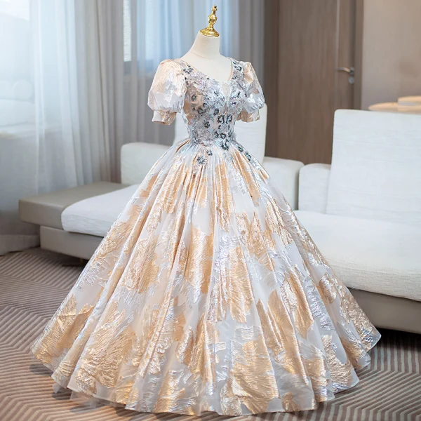 Elegant Rhinestone Sequins Lace Flower Gold Prom Dresses 2024 Ball Gown V-Neck Short Sleeve Backless Floor-Length / Long Formal Dresses