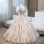 Elegant Rhinestone Sequins Lace Flower Gold Prom Dresses 2024 Ball Gown V-Neck Short Sleeve Backless Floor-Length / Long Formal Dresses