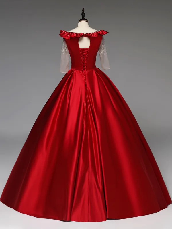 Vintage / Retro Red Rhinestone Prom Dresses 2025 Ball Gown Scoop Neck 1/2 Sleeves Backless Floor-Length / Long Formal Dresses