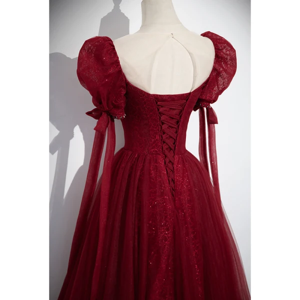Elegant Burgundy Beading Rhinestone Prom Dresses 2023 A-Line / Princess Scoop Neck Puffy Short Sleeve Backless Floor-Length / Long Formal Dresses