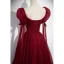 Elegant Burgundy Beading Rhinestone Prom Dresses 2023 A-Line / Princess Scoop Neck Puffy Short Sleeve Backless Floor-Length / Long Formal Dresses
