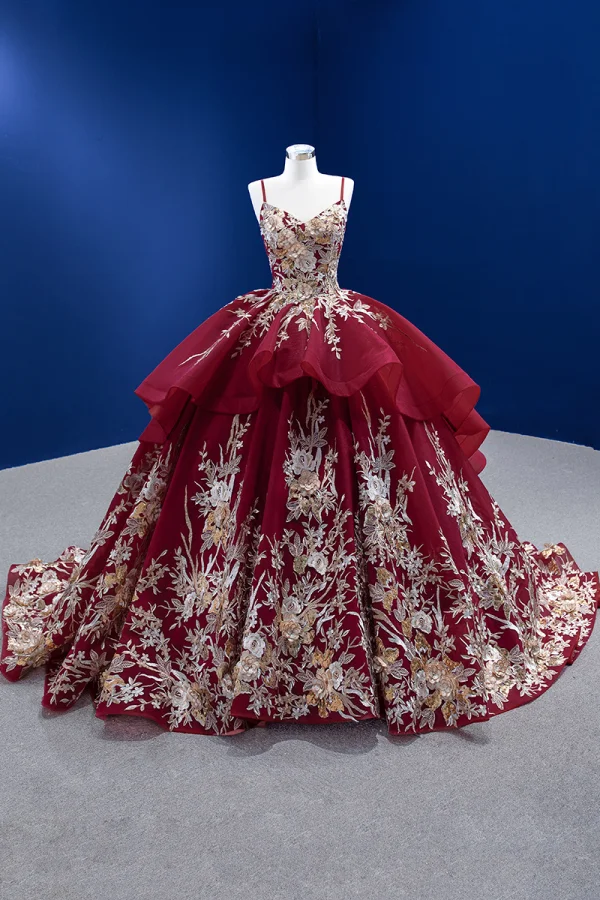 High-end Vintage / Retro Burgundy Sequins Lace Flower Prom Dresses 2022 Ball Gown Cascading Ruffles Spaghetti Straps Sleeveless Backless Chapel Train Prom