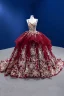 High-end Vintage / Retro Burgundy Sequins Lace Flower Prom Dresses 2022 Ball Gown Cascading Ruffles Spaghetti Straps Sleeveless Backless Chapel Train Prom